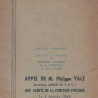 Appel de M. Philippe Yacé, Sécrétaire général du PDCI, aux agents de la Fonction Publique : le 2 février 1960